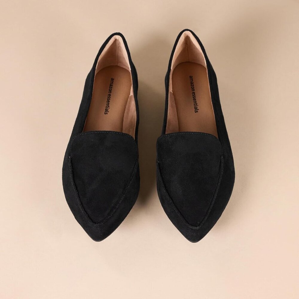Womens Black Faux Leather Closed Pointed Toe Low Wedge Heels Loafer Flat Shoes - Picture 4 of 6